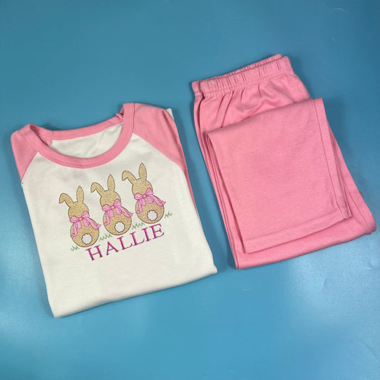 Pink Bow bunnies on Personalised Easter Pyjamas