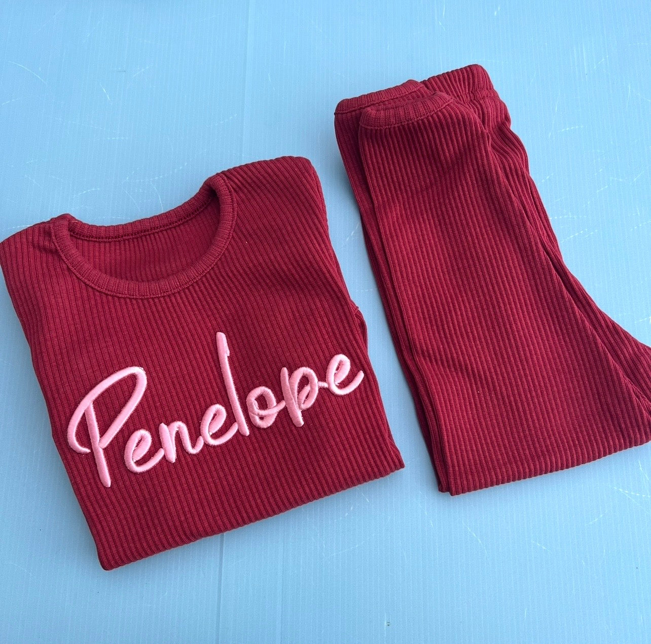 Burgundy Ribbed Loungewear with Pink Font