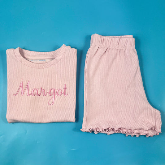 Pink ribbed Short set