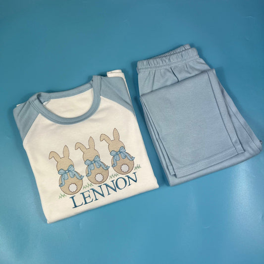 Blue Bow bunnies on Personalised Easter Pyjamas