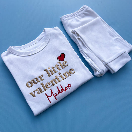 Our little valentines embroidered pyjamas with a sketch love heart