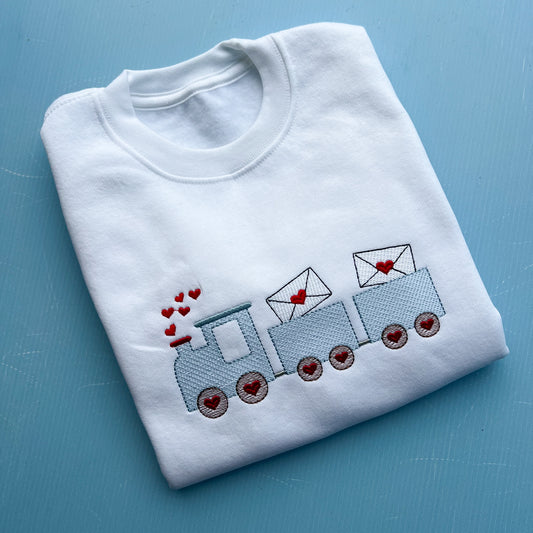 Love Train Valentines /Tshirt Sweatshirt Is a cute love train embroidered onto a white sweatshirt