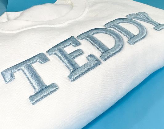 White Jumper with Blue 3D Font Jumper