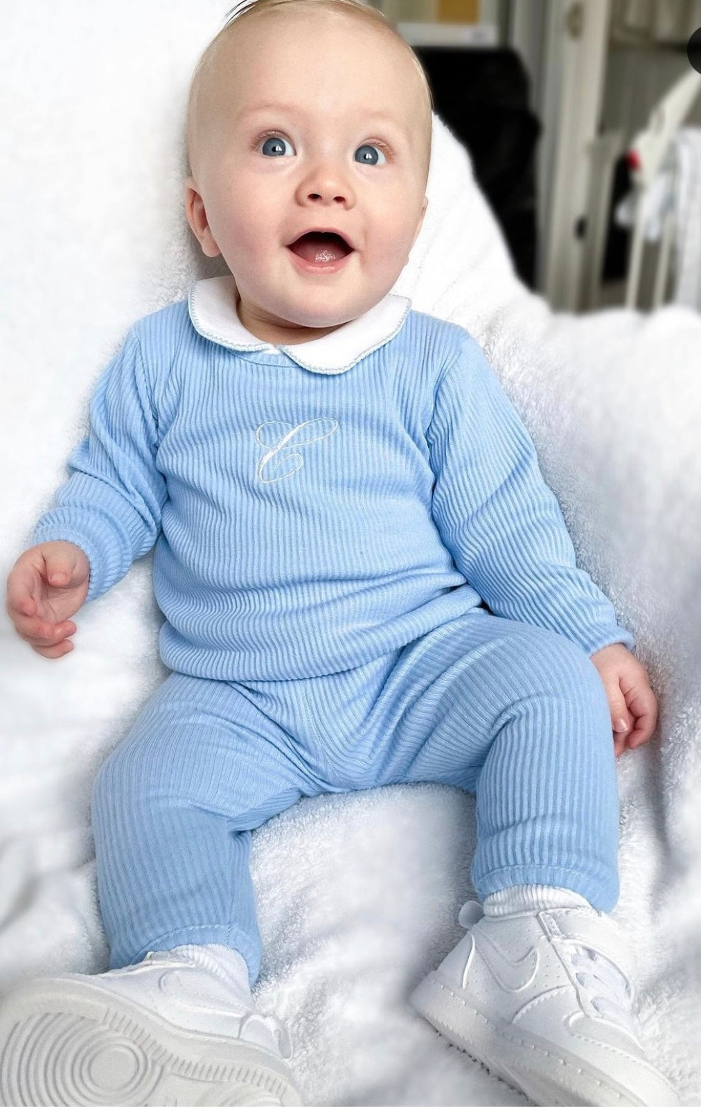 baby wearing Baby Blue Ribbed Childrens Tracksuit