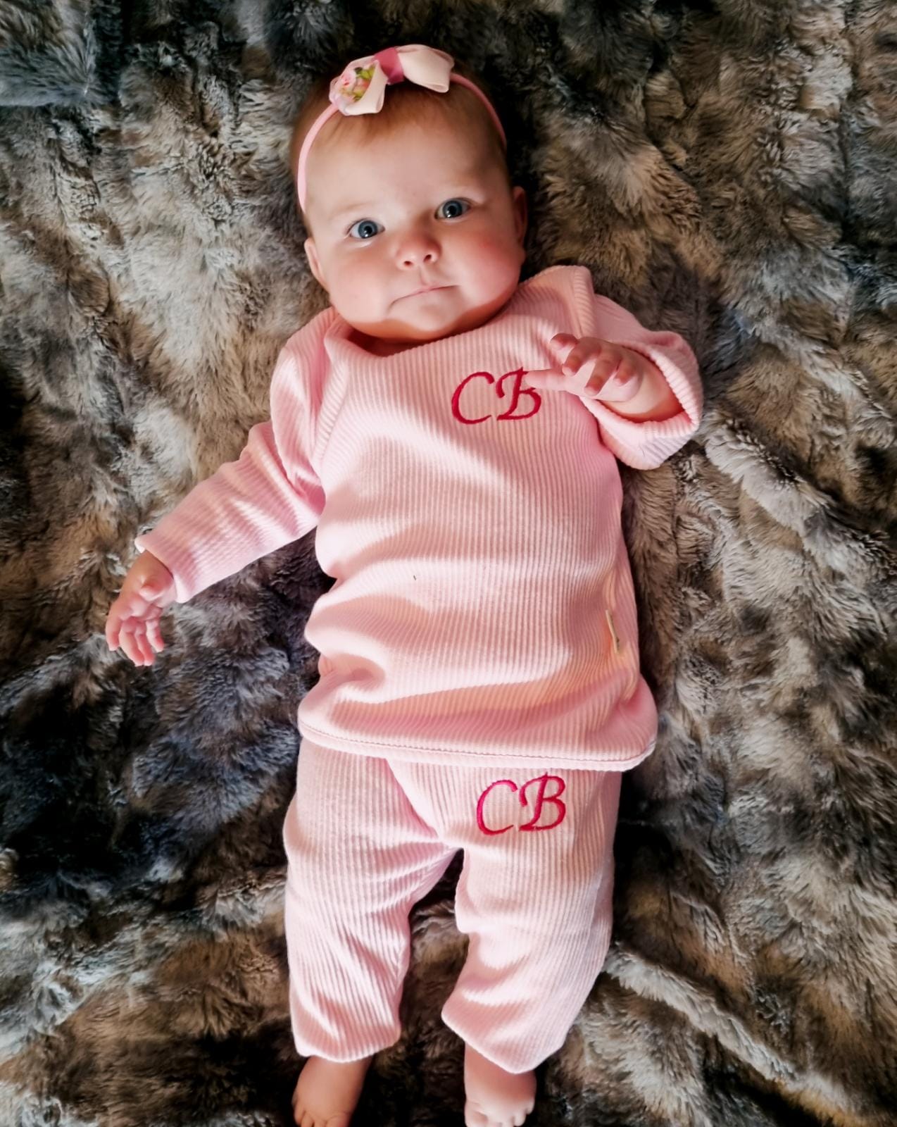bay wearing Baby Pink Ribbed Childrens Tracksuit