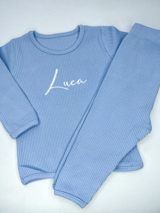 flat lay of Baby Blue Ribbed Childrens Tracksuit