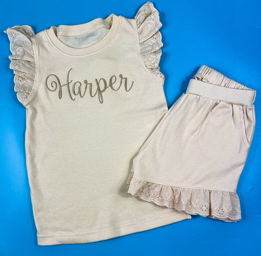 Girls Apricot Frill Short Set - with side name