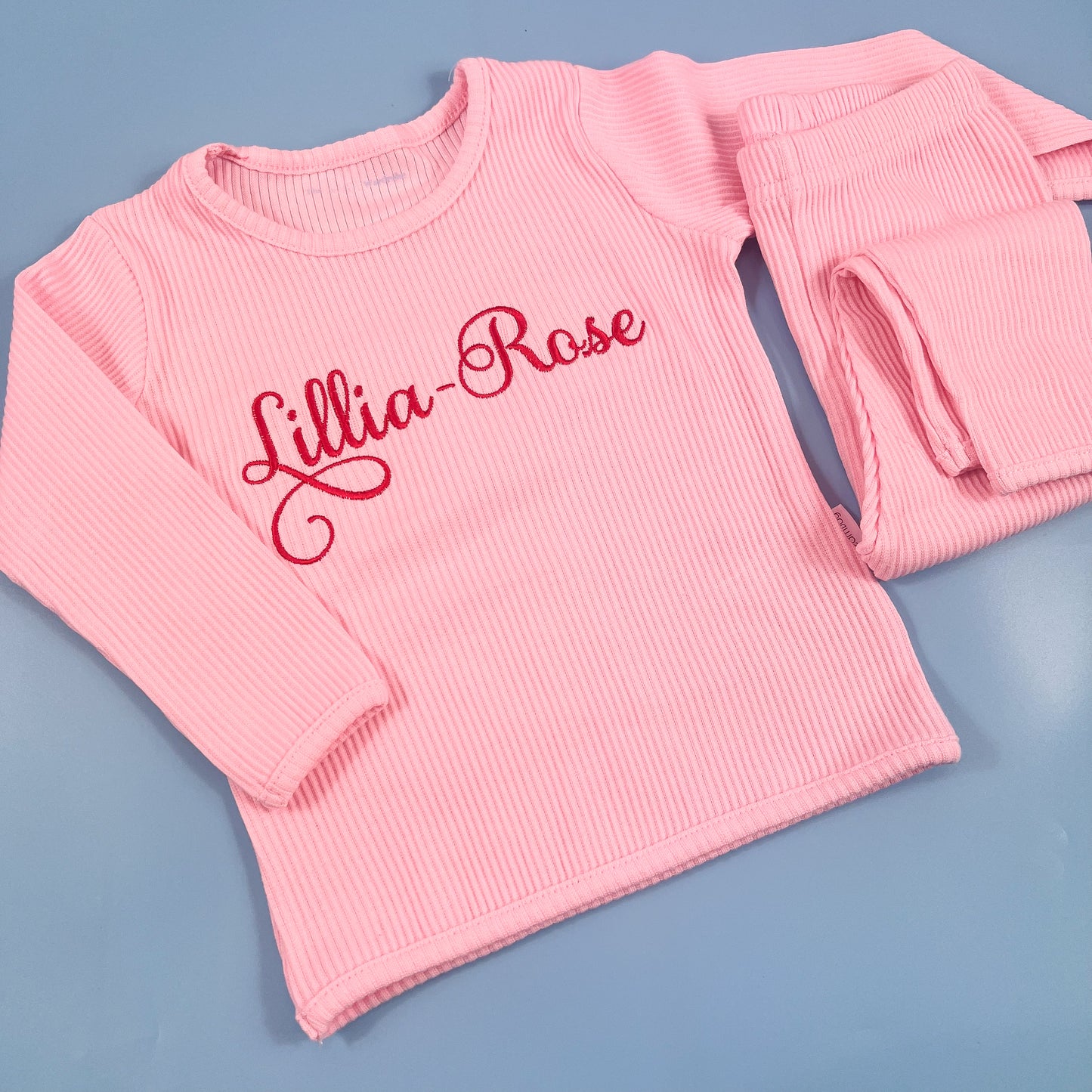 Baby Pink Ribbed Tracksuit with Red Embroidery