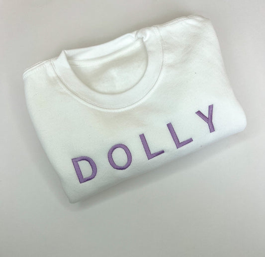 White jumper with Lilac Font