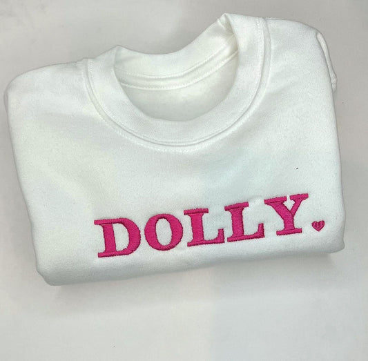 White jumper with Bright Pink Font