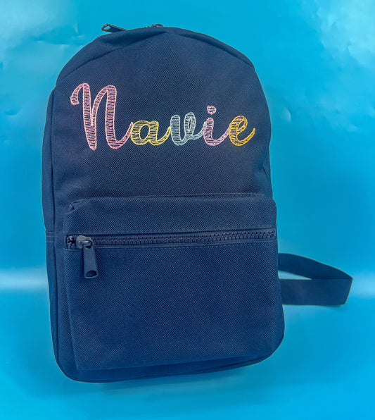 Navy Rucksack with sketch font