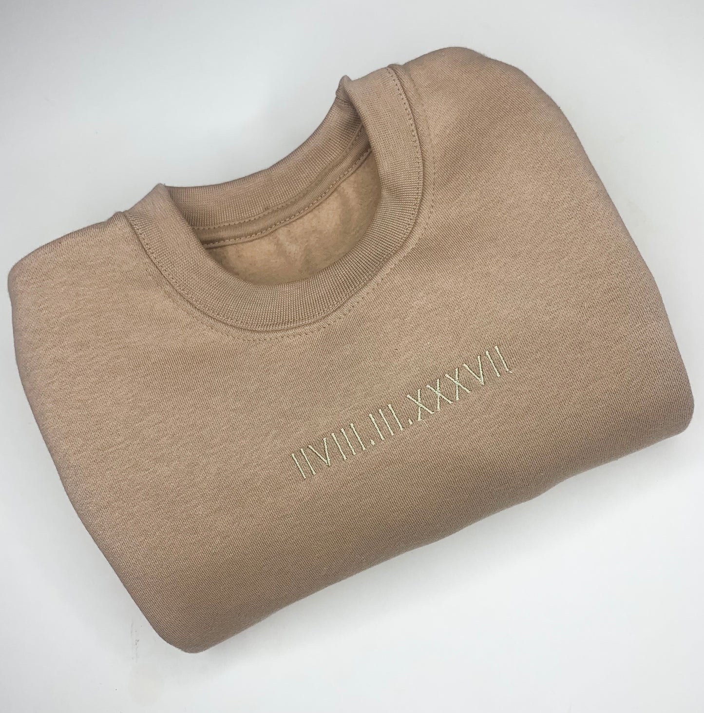 Taupe Sweatshirt with Roman Numerals Date of Birth